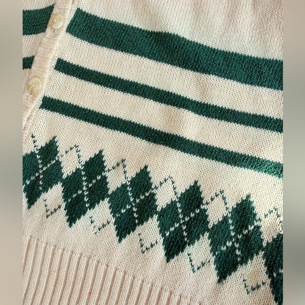 VTG 80’s Tail Sweater Vest Knit Argyle Cream/Green‎ Sz L Cottage Grandpa Core - Picture 4 of 11